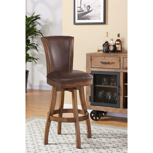 Armen Living Raleigh 30 in. Bar Height Swivel Wood Barstool in Chestnut Kahlua Faux Leather LCRABASIKACH30